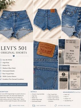 Levi’s 501 Original High Rise Distressed Denim Shorts Size 26 Medium Wash